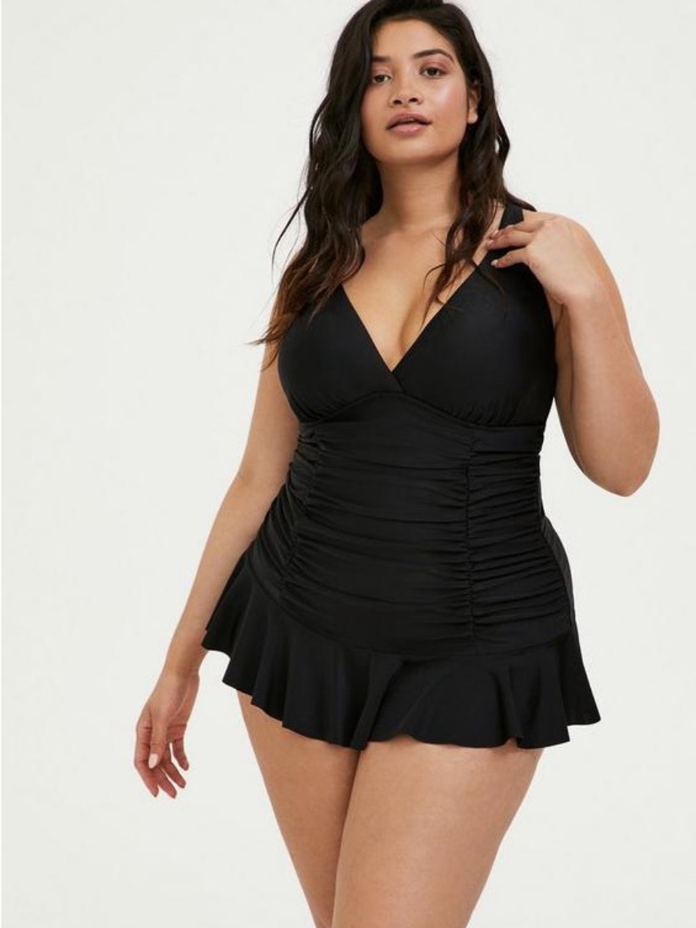 Black Plus-Size One-Piece Swimdress with Ruched Sides and Skirt